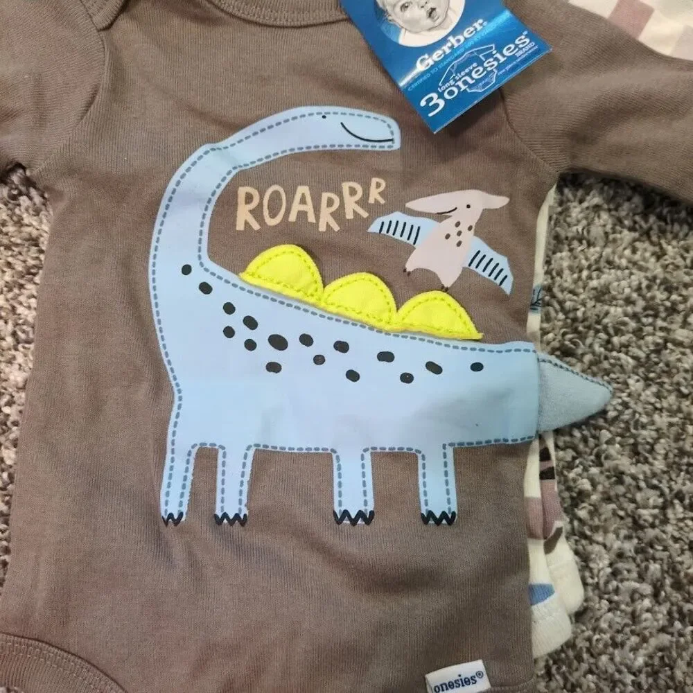 Gerber 3-Pack Long Sleeve Onesies Bodysuits (0-3M) Dinosaur Stripes Boy